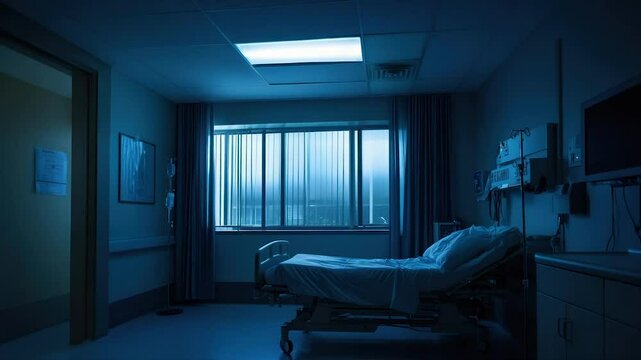 Dimly lit hospital room at night, empty bed