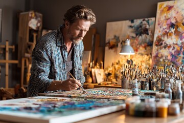 Man painting on canvas in cozy home studio surrounded by brushes and vibrant paints