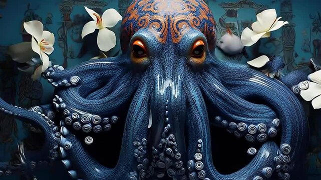 squid in Delfts Blauw realistis, highly detailed,ai generatif
