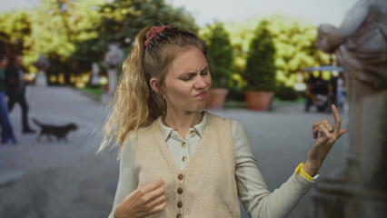 Woman moves her hand in an airguitar show at a park setting with blonde young outdoor style and a...
