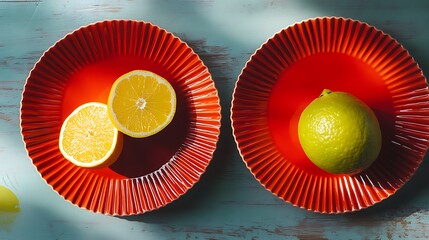 Bright citrus composition features lemons and lime on vibrant red plates against a textured blue background in natural light.