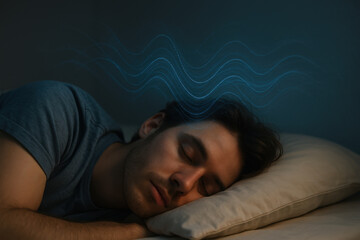 Young Man Sleeping Peacefully With Blue Brainwave Patterns Above Him