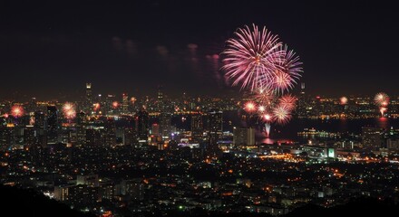 Fireworks Exploding Over City Skyline at Night Celebration