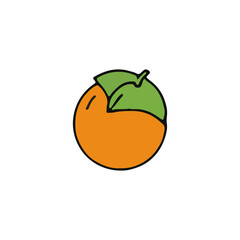 Simple cartoon illustration of a ripe orange fruit with green leaves.