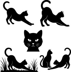 cat starching in black and white silhouette asset in white background 