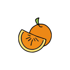 Illustration of a whole orange and a slice, showing the fruit's details.