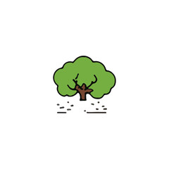 Simple illustration of a tree with green foliage and a brown trunk, standing on the ground.
