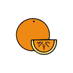Simple illustration of an orange and a slice, showing a citrus fruit.