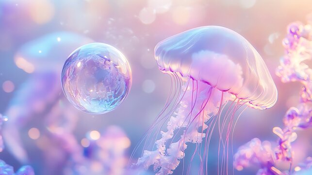 Pastel hues illuminate a dreamy jellyfish floating near a shimmering bubble in a fantasy ocean scene