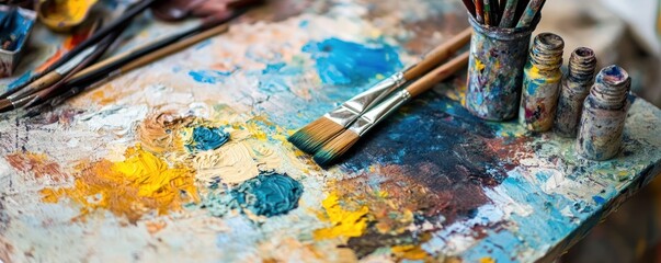 Artist's palette with paintbrushes, studio background