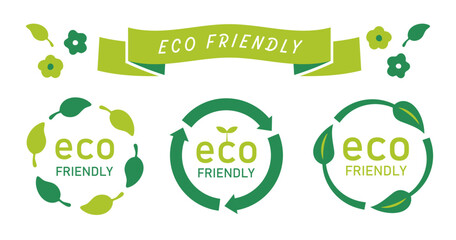 eco friendlyと書かれたサークル型のアイコンセット（エコ 環境 サステナブル 表示マーク ベクター）