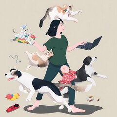 Fototapeta na wymiar A busy woman juggles work, pets, and household items.