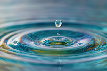 A mesmerizing macro shot captures the precise moment a water droplet impacts the surface, creating ripples that spread in perfect symmetry. This image offers a tranquil