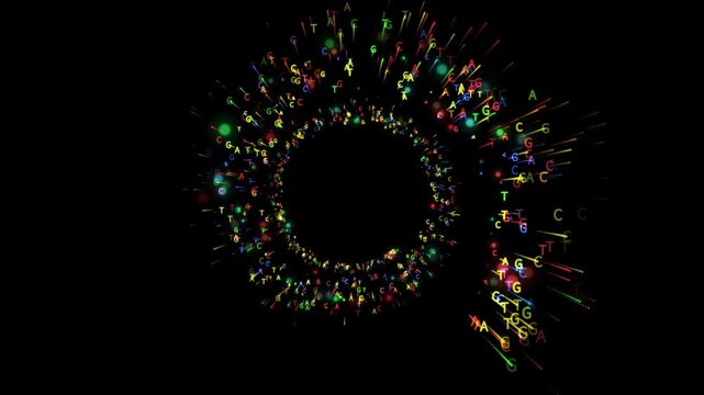 Colorful DNA letters Adenine, Guanine, Cytosine, Thymine flying forward in a spiral along the Z-axis, transparent background with alpha channel, ideal for genetic, biotech and science visuals
