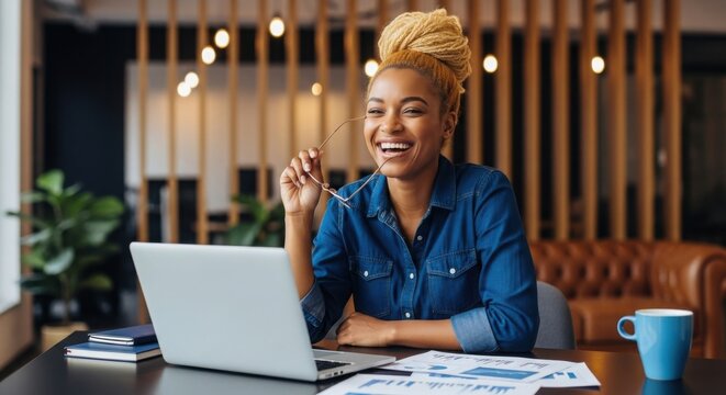 Smiling african american woman working on laptop: remote work, business, technology, and happy professional lifestyle at office or home (97 characters) - Powered by Adobe