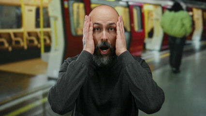 Man expressing shock indoors at modern train station with blurred platform and red train in...