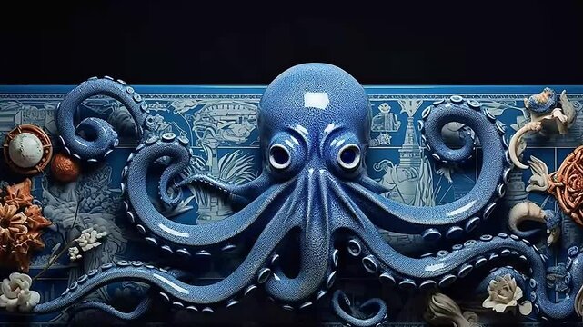squid in Delfts Blauw realistis, highly detailed,ai generatif