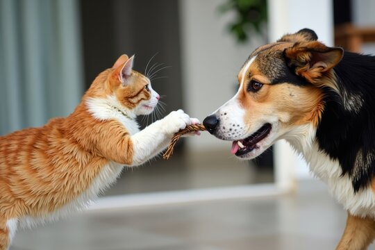 Friendly Competition: Fun Tug-of-War Between Cat and Dog
