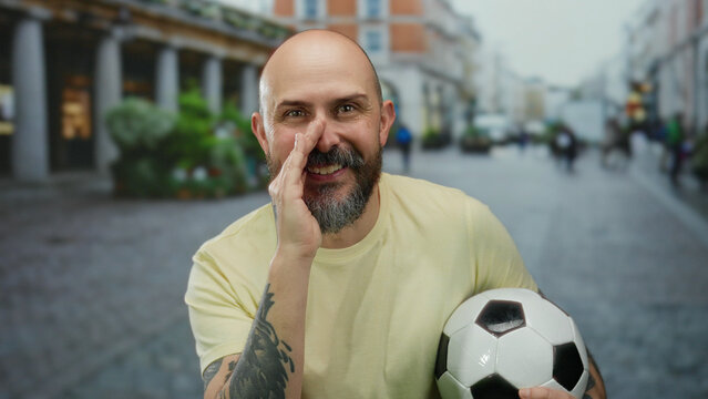 Man whispering secret outdoors holding soccer ball in urban street setting, showcasing bearded, bald, tattooed, and friendly expression with outdoor focus in city environment.
