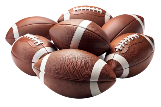 A pile of american footballs are stacked together isolated on transparent background