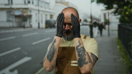 Man with beard wearing gloves and apron, standing outdoors on city street, displays tattoos while...