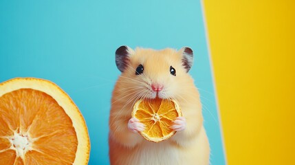 Delightful hamster enjoys a treat holding a dried orange slice against a vibrant blue and yellow background.