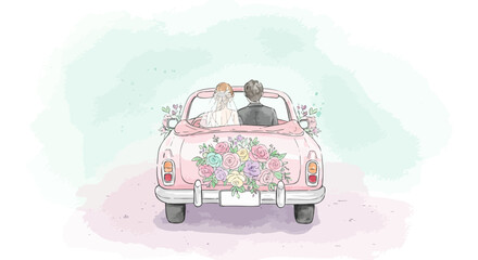 Wedding car bride groom flowers watercolor painting