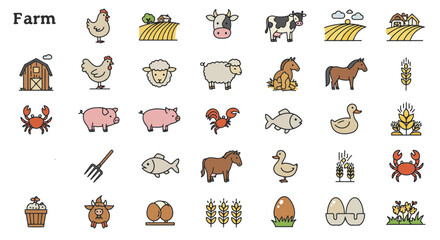 Farm animals and agriculture icons vector design set