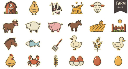 Farm animals and agriculture icons vector graphic