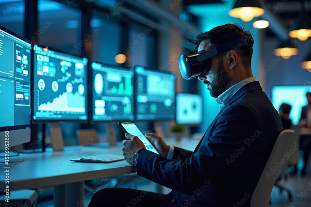 Poster futuristic businessman seamlessly managing tasks in high-tech office with holographic screens and vi