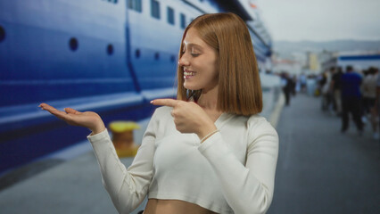 Female holds open palm and points finger at empty space on seaside port; invitation welcome...