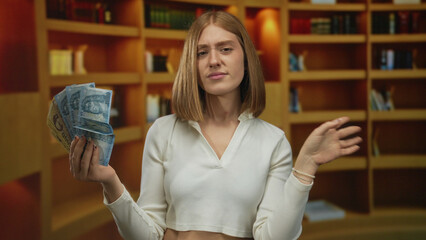 Young blonde woman holds fan of hungarian forint banknotes and raises her other hand palm forward...