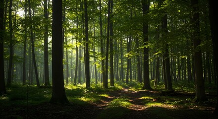 Obraz premium Quiet Forest Trail with Gentle Sunlight and Trees