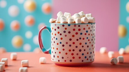Delightful cup of hot chocolate overflowing with fluffy white marshmallows on a colorful polka dot mug ready for winter.