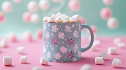 Hot chocolate with marshmallows in a festive snowflake mug creates a sweet, cozy winter mood against a soft pink and aqua backdrop.