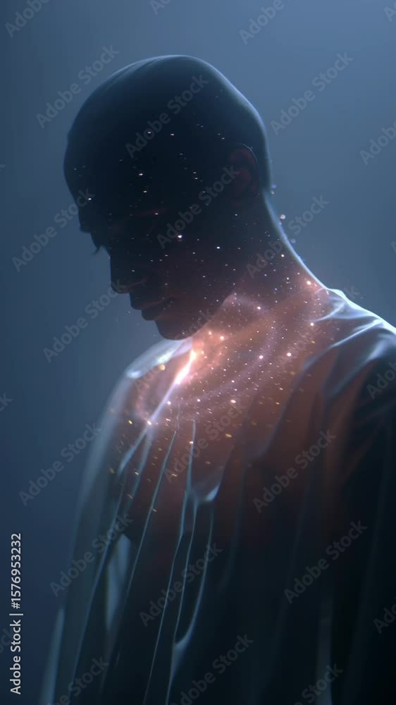 Poster surreal sci-fi concept of a translucent human illuminated by cosmic light in an ethereal setting