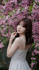 Graceful Portrait of a Young Korean Woman Amid Pink Blossoms – White Dress, Enigmatic Smile, and Soft Natural Light in a Dreamlike Floral Setting with Ethereal and Serene Atmosphere