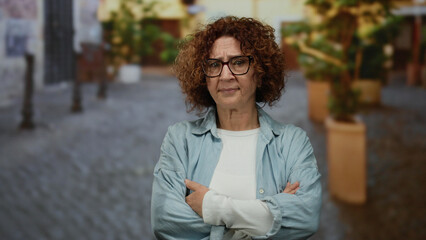 Middle-aged hispanic woman with curly hair and glasses stands on a city street, arms crossed and...
