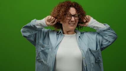 Woman covering ears with fingers in front of green background, showcasing a middle-aged hispanic...