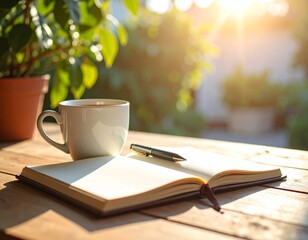 Open notebook with pen and cup of coffee on wooden table, morning sunlight, peaceful mood