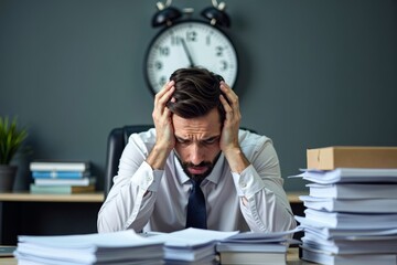 Stressed Executive Surrounded by Paperwork: A Moment of Exhaustion and Pressure