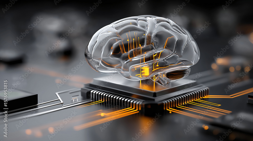 Poster artificial intelligence neuron brain concept on innovative computer chip