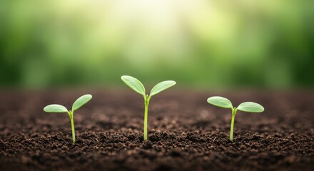 Fototapeta premium Three young sprouts emerge from the dark soil, reaching towards the gentle sunlight filtering through the green foliage above, symbolizing new life and growth
