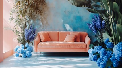 Cozy living room with peach sofa and tropical plants, creating a relaxing and stylish interior scene.