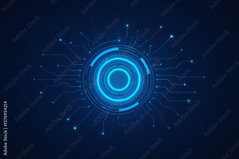 Poster abstract glowing blue digital technology interface with circular hud elements and radiating circuit 