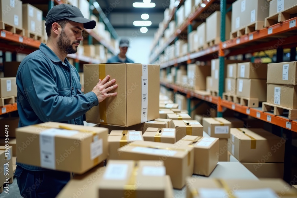 Poster capturing the art of efficient parcel sorting: a visual journey through warehouse operations