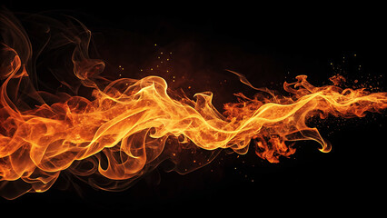 Abstract flowing orange fire flames and sparks on a black background