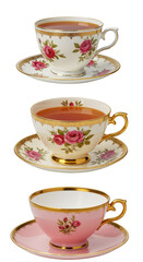 Three Porcelain Tea Cups Drink Vintage on Transparent Background