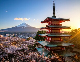 Obraz premium Pagoda with Mt. Fuji and Cherry Blossoms