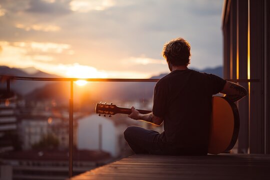 Musician playing acoustic guitar on a balcony at sunset, cityscape in the background -